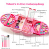 A pink makeup bag showing various cosmetic items including eyeshadows, nail polish, brushes, and mirrors for a kids pretend p