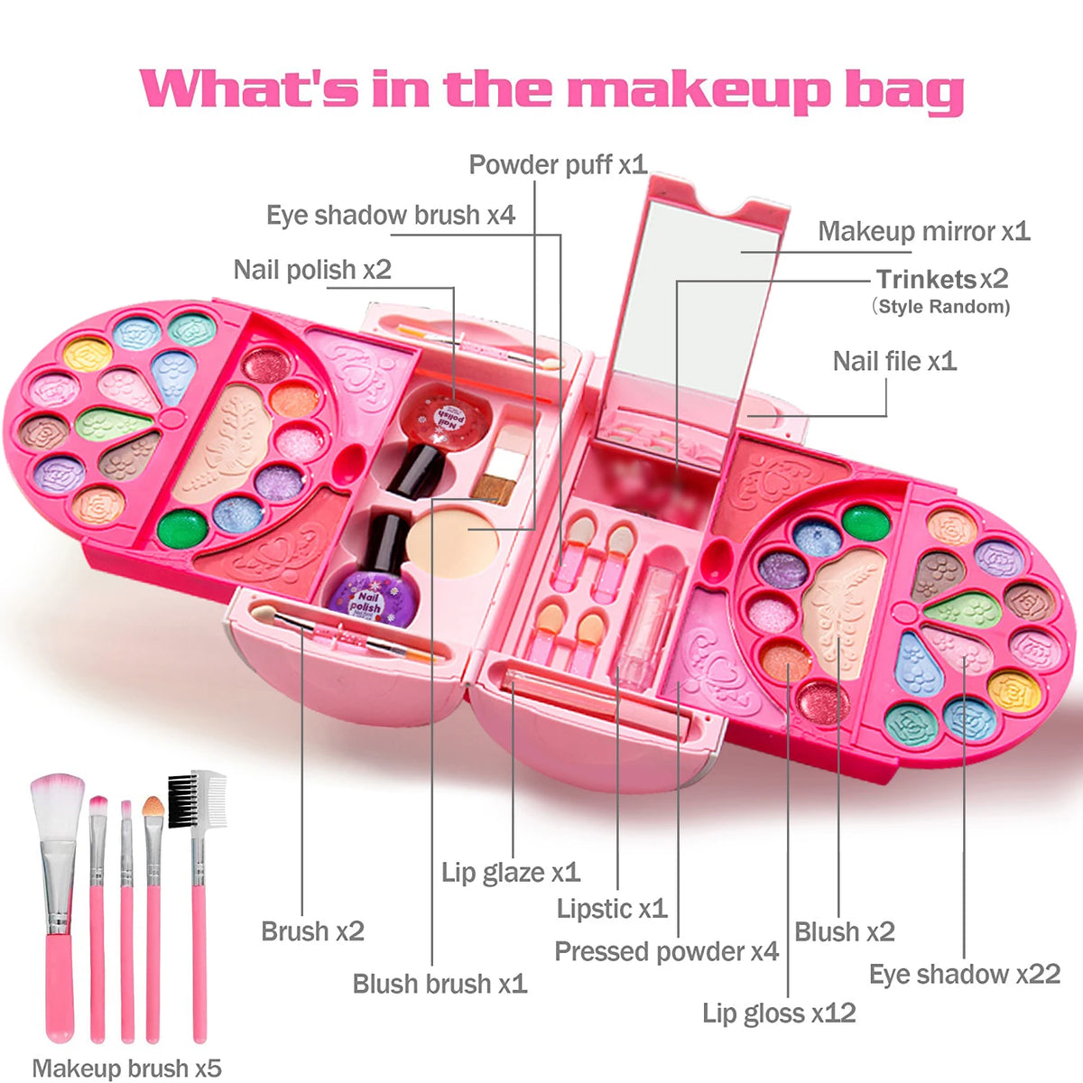 A pink makeup bag showing various cosmetic items including eyeshadows, nail polish, brushes, and mirrors for a kids pretend p