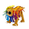 A colorful lion stuffed animal plush toy with yellow, orange, and purple yarn mane.