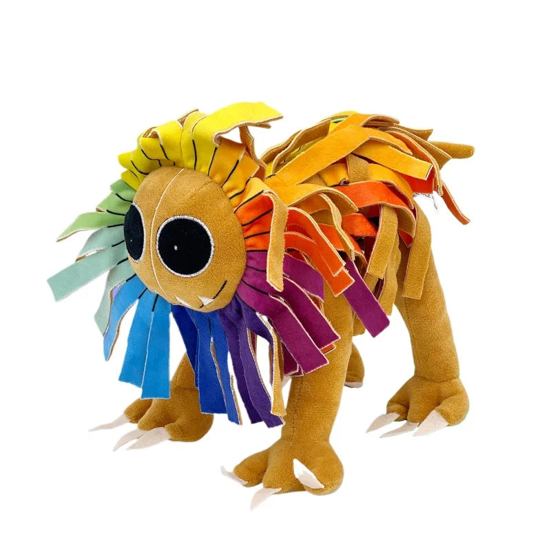 A colorful lion stuffed animal plush toy with yellow, orange, and purple yarn mane.