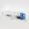 A blue Mercedes truck model with a transparent container truck attached, showing scale dimensions.