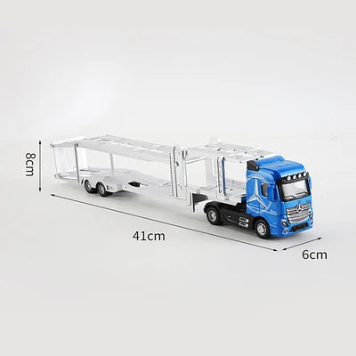 A blue Mercedes truck model with a transparent container truck attached, showing scale dimensions.