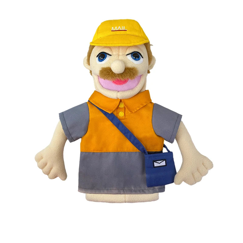 A yellow hat and orange shirt plush hand puppet with a mustache and blue backpack.
