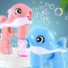 A pink and blue whale bubble gun is shown with lots of bubbles, designed for a dream childhood.