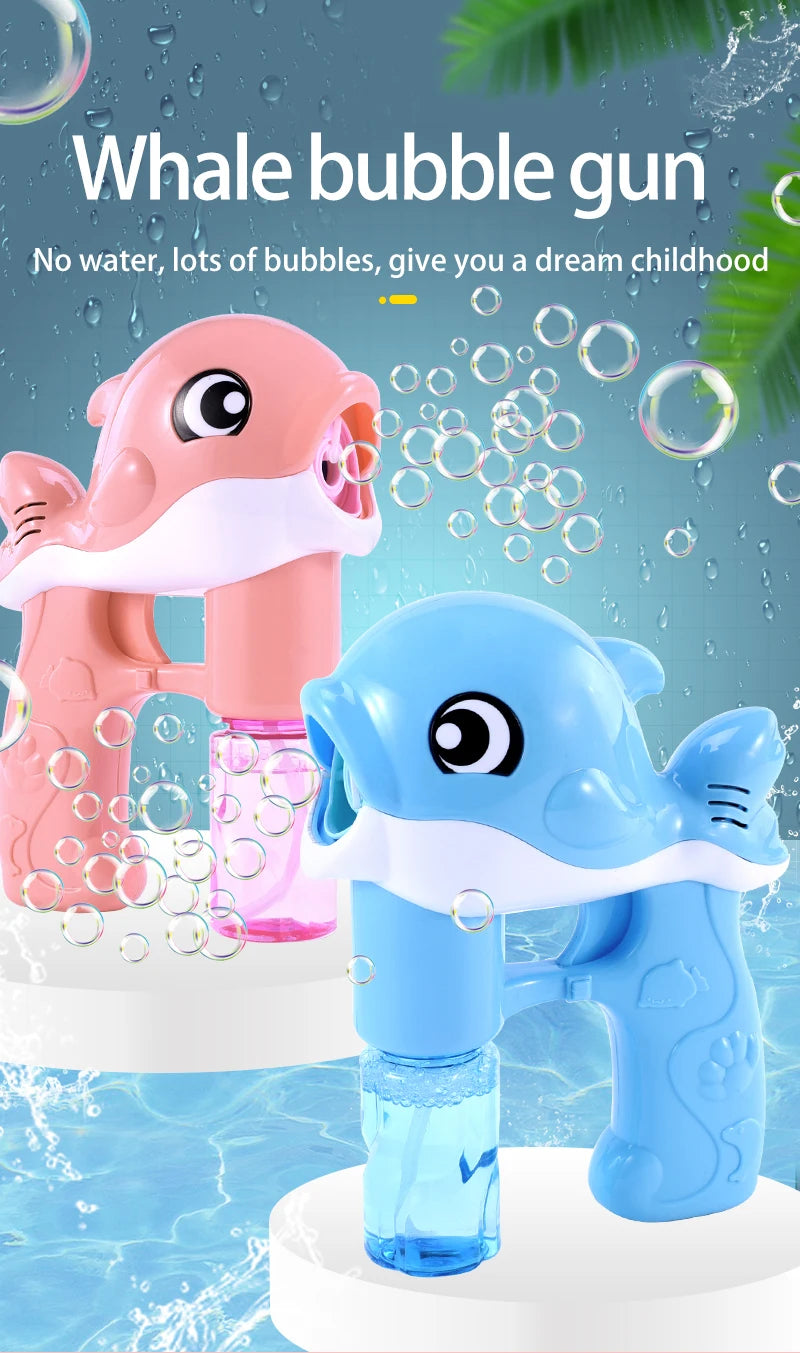 A pink and blue whale bubble gun is shown with lots of bubbles, designed for a dream childhood.