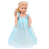 A blonde doll wearing a light blue sheer dress with ruffled sleeves and a yellow flower in her hair.