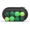 A set of soft sensory silicone massage balls in various shades of green and lime green, packaged in a black zippered pouch.