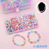 A clear plastic box filled with colorful polymer clay beads and a separate image showing finished beaded necklaces.