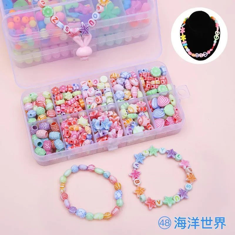A clear plastic box filled with colorful polymer clay beads and a separate image showing finished beaded necklaces.