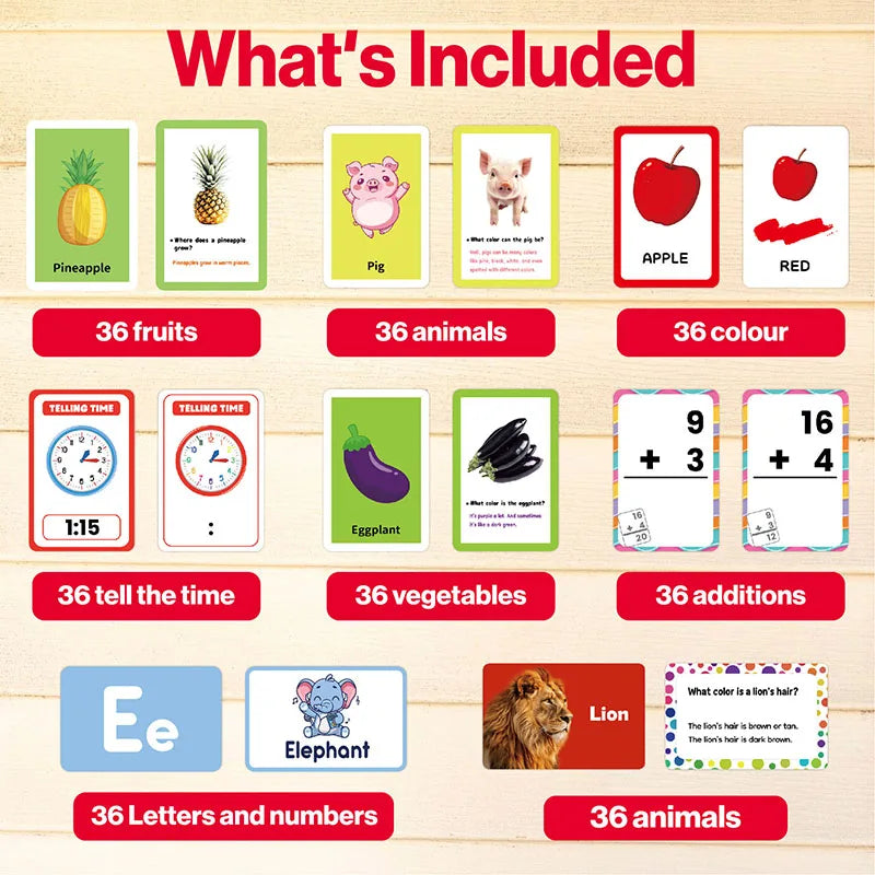 A set of early learning flash cards featuring fruits, animals, colors, time, and numbers for children.