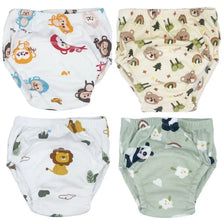 A pack of reusable cotton potty training pants for toddlers featuring various cute animal patterns.