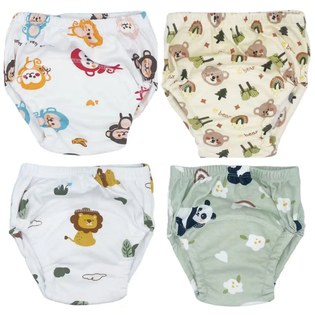 A pack of reusable cotton potty training pants for toddlers featuring various cute animal patterns.