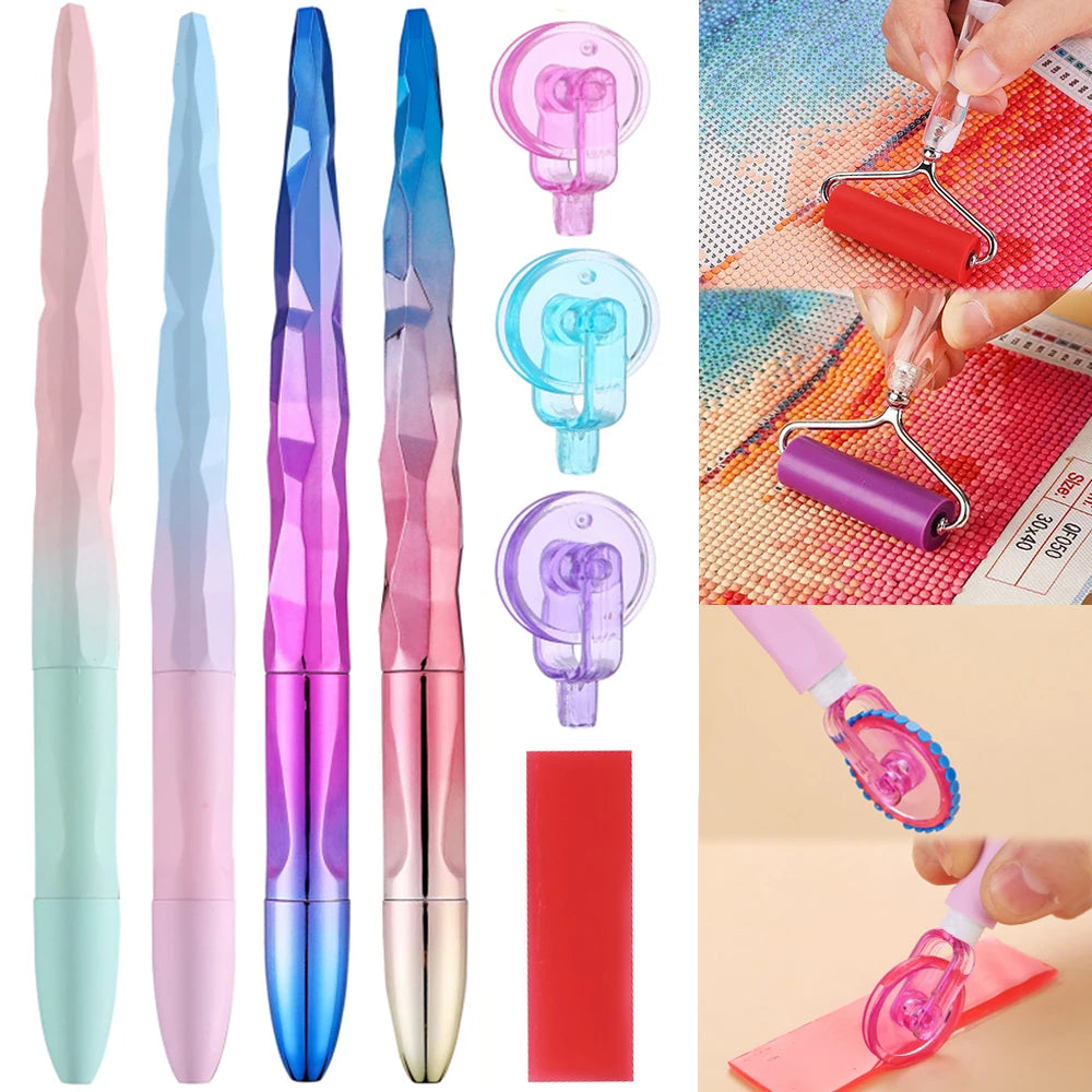 A set of diamond painting pens and roller tools in various colors including pink, blue, purple, and red.