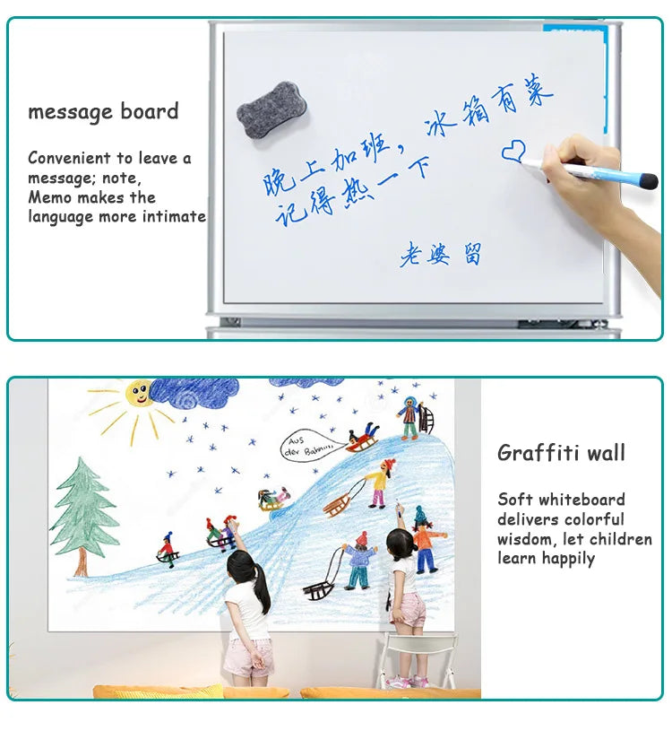 A message board on a refrigerator and a graffiti wall on a whiteboard.