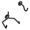 A black metal guitar wall mount hanger with an adjustable curved hook.