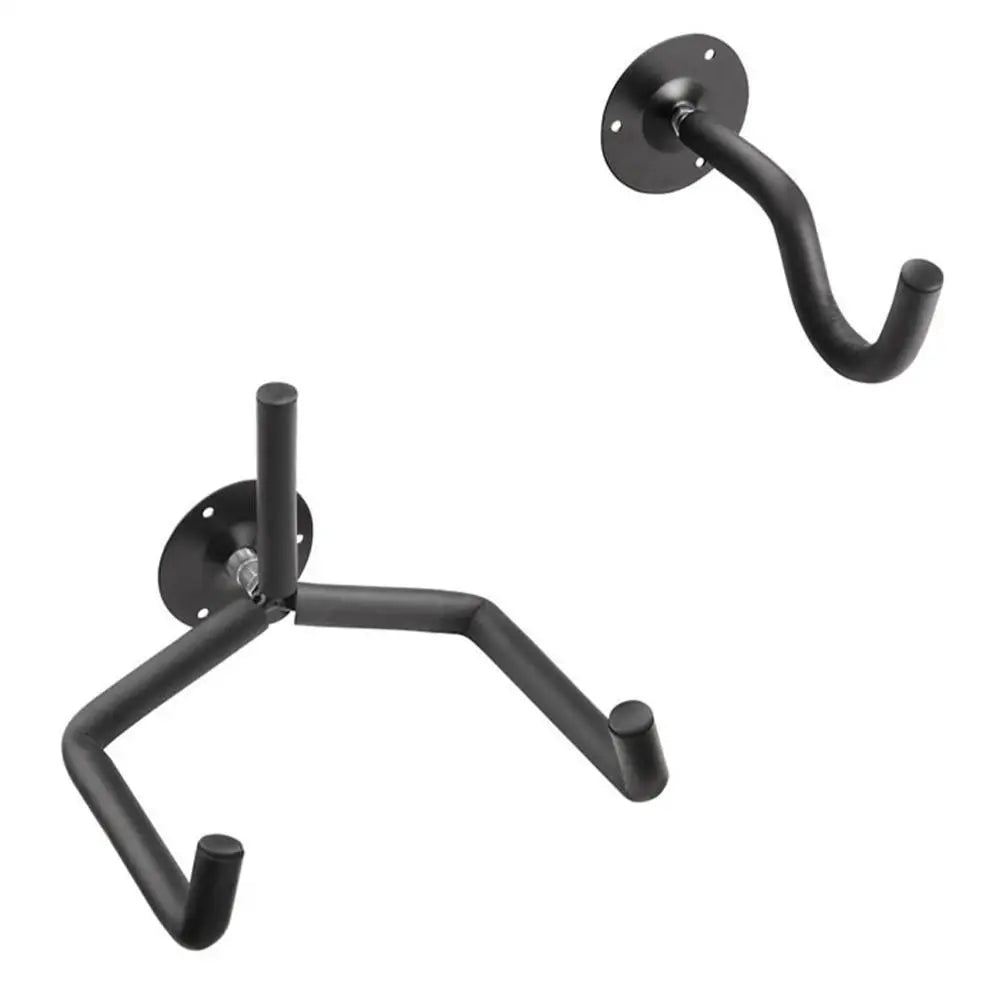 A black metal guitar wall mount hanger with an adjustable curved hook.