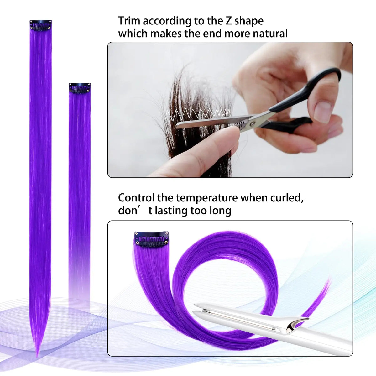 Purple clip-in hair extensions shown being trimmed and curled to create a natural end.