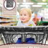 A baby is sitting in a shopping cart with a gray seat cover, demonstrating the universal fit for most carts.