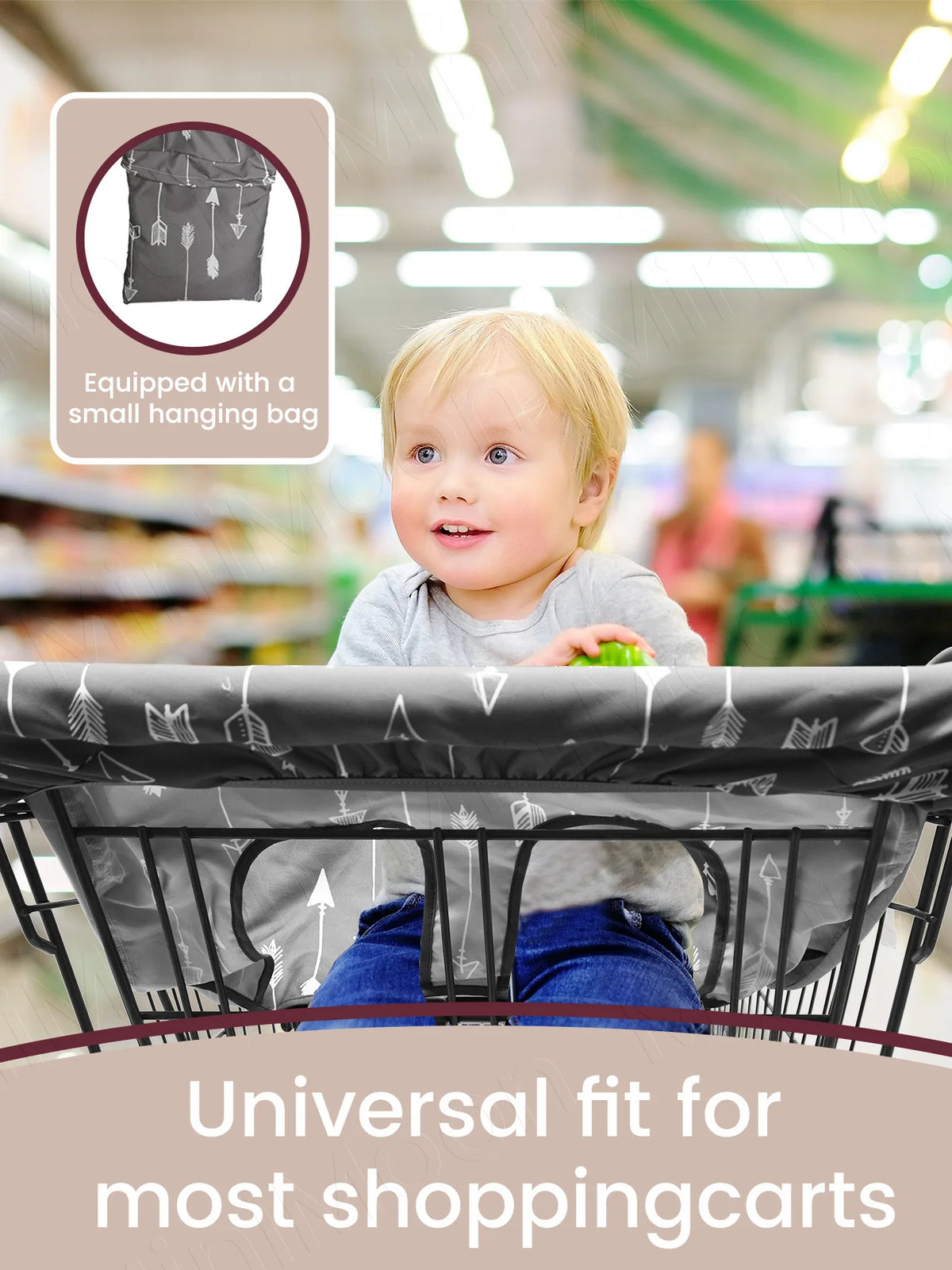 A baby is sitting in a shopping cart with a gray seat cover, demonstrating the universal fit for most carts.