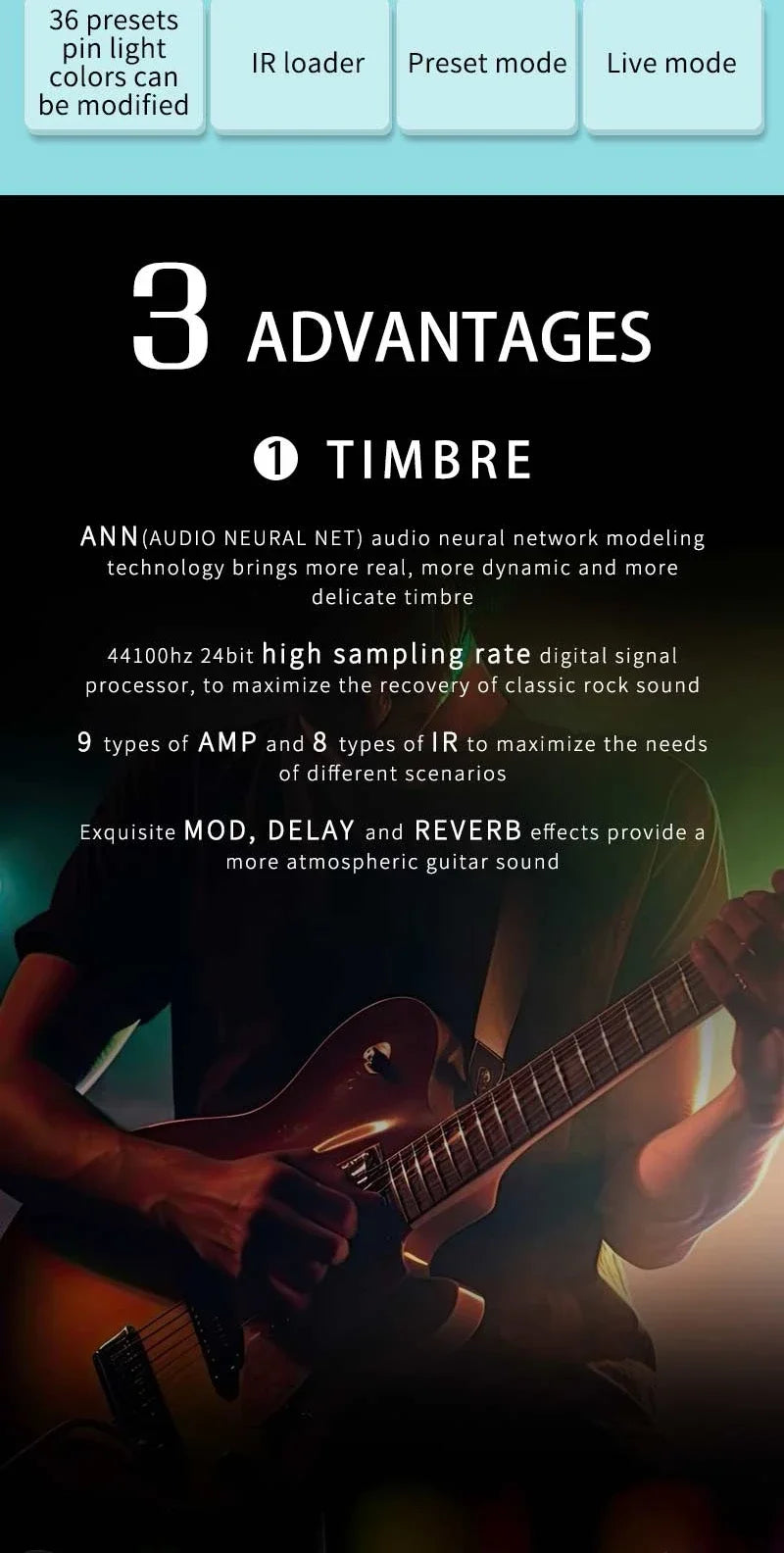A close-up of a person playing an electric guitar while a digital interface displays features like IR loader, preset mode, an