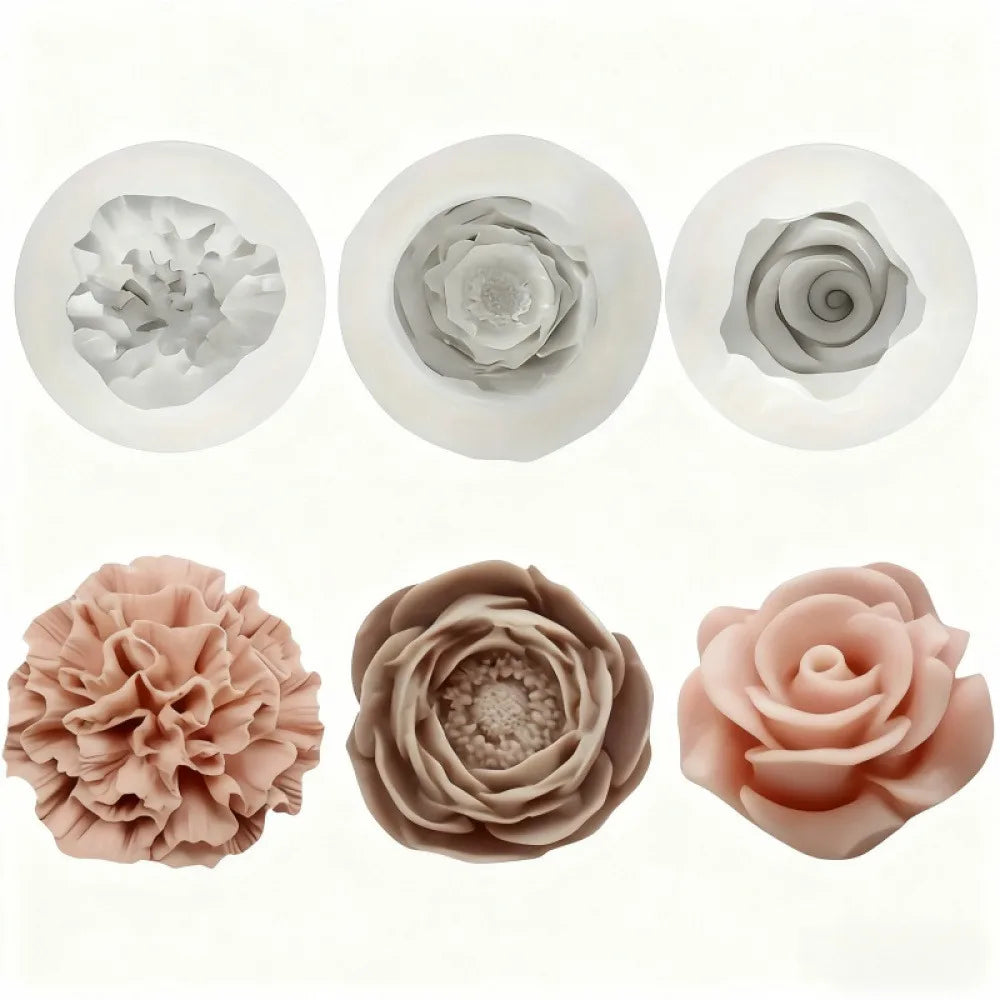 Three silicone molds showing rosette leaves in light gray and soft pink colors for cake decorating