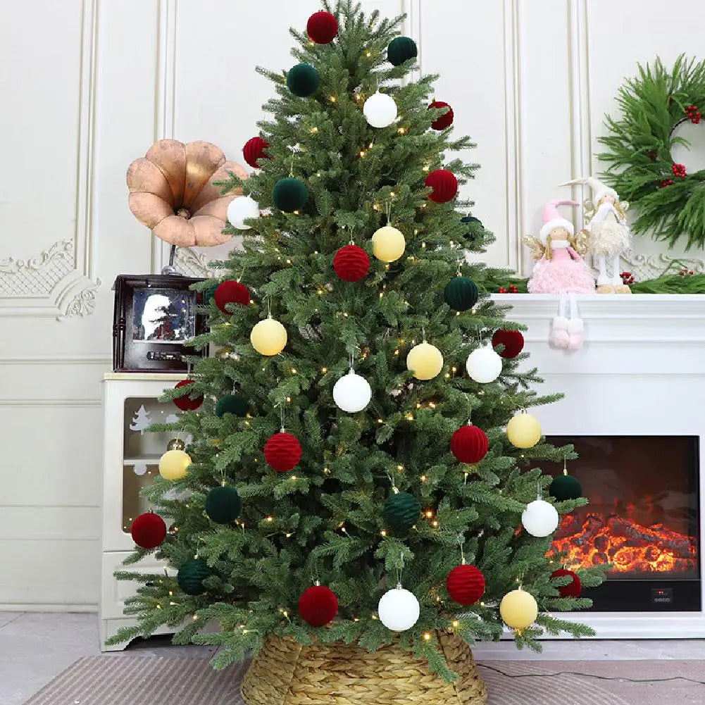 Set of 12 Velvet Flocked Christmas Tree Ornaments in Green