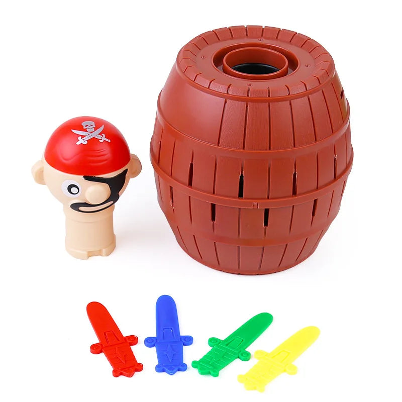 A set of pirate barrel sword stab party game pieces including a large red barrel and four colored plastic swords.