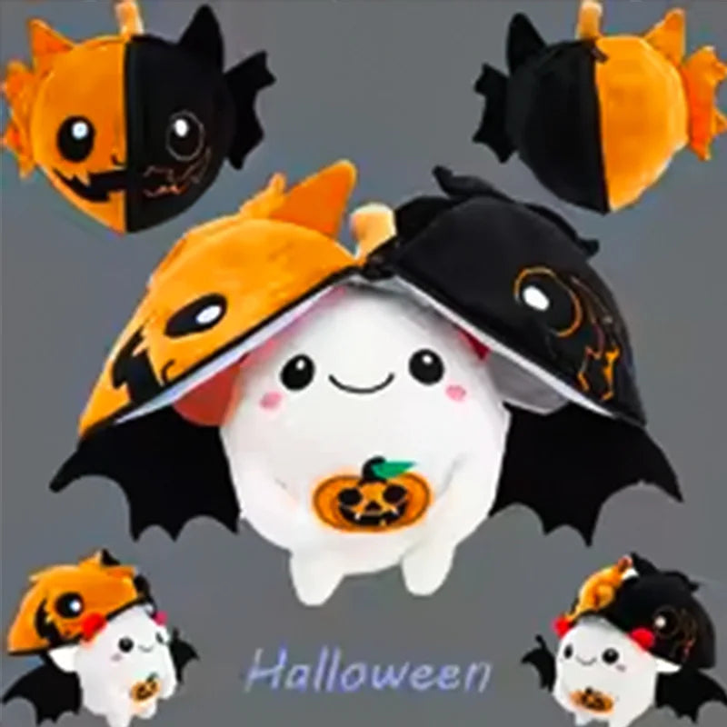 A cute hybrid plush toy featuring a pumpkin and bat design in orange, black, and white colors.
