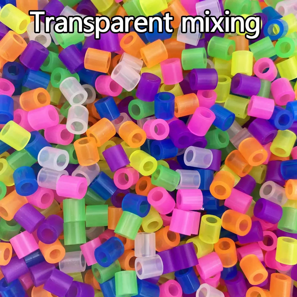 A close-up view of a large quantity of transparent mixing fuse beads in assorted bright colors.