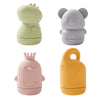 Three soft silicone animal bath toys in light green, gray, and yellow.