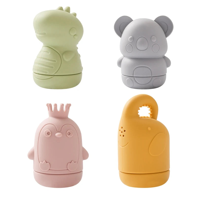 Three soft silicone animal bath toys in light green, gray, and yellow.