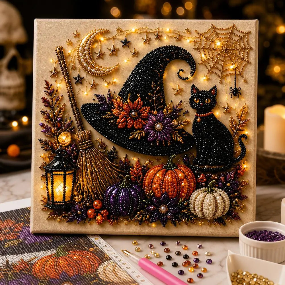 A DIY mosaic craft kit featuring a black witch silhouette, crescent moon, and pumpkins made from gold and purple pearls.