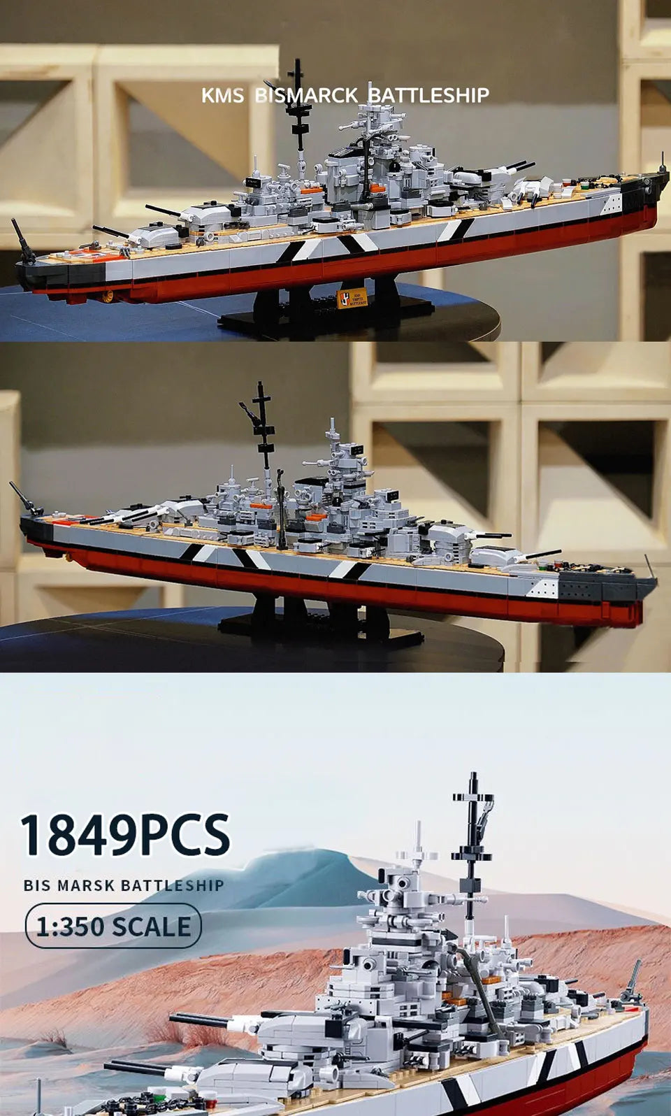 A detailed 1:350 scale model kit of the German Bismarck Battleship featuring gray and black naval details.