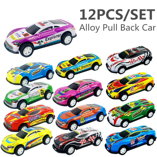 A set of twelve diecast alloy pull-back racing cars in various colors and designs.