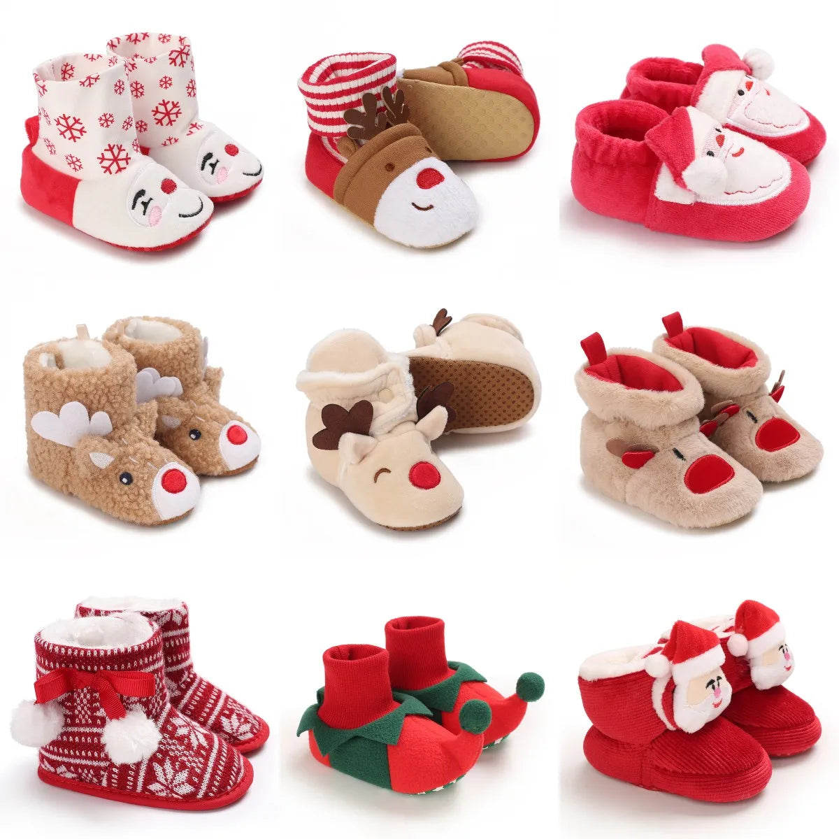 A collection of adorable animal-themed baby first walker shoes in various colors and patterns.