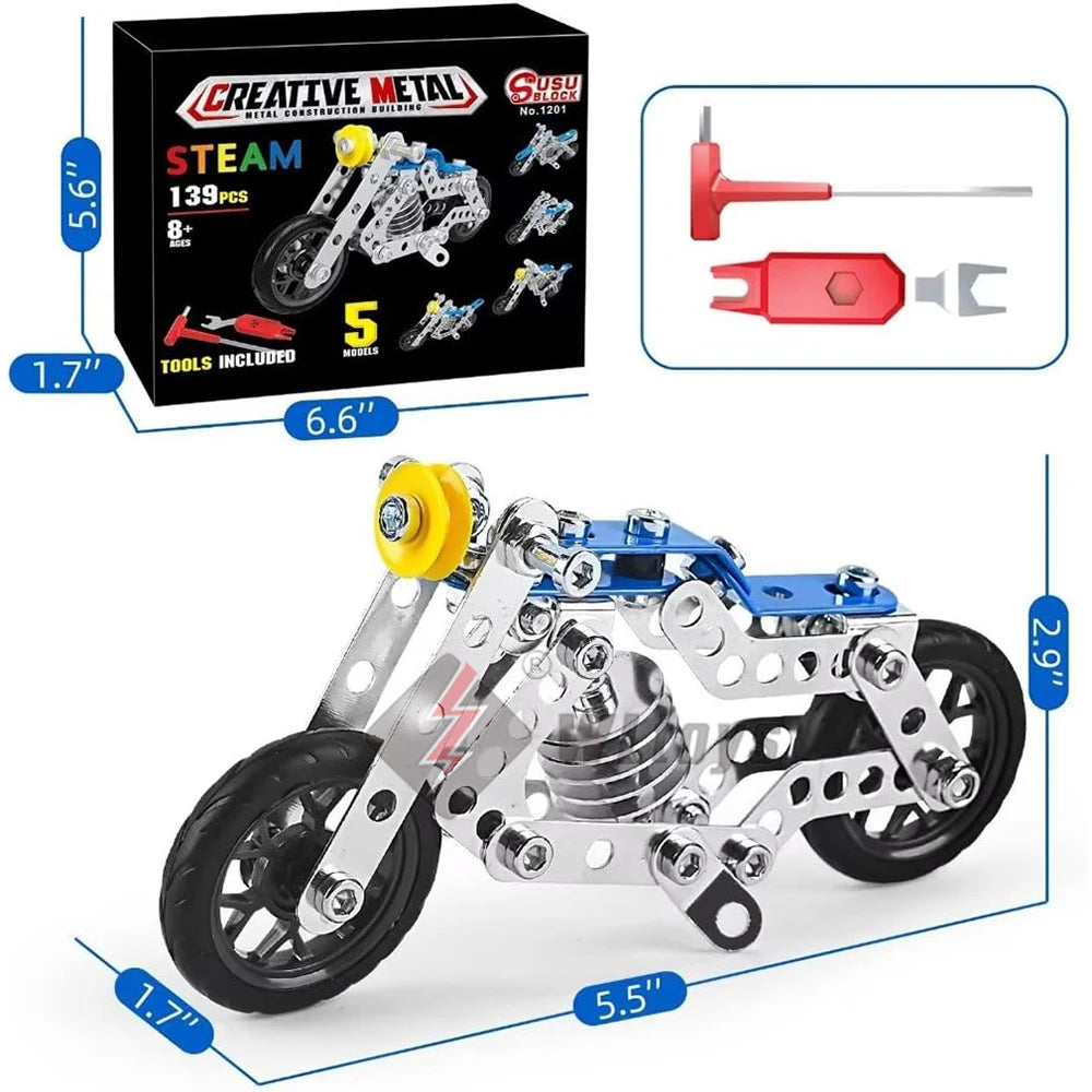 A detailed model of a metal building motorcycle construction kit with tools and parts displayed on a white background.