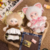 A cute plush keychain featuring a character with pink and white fur, wearing a pink patterned outfit.