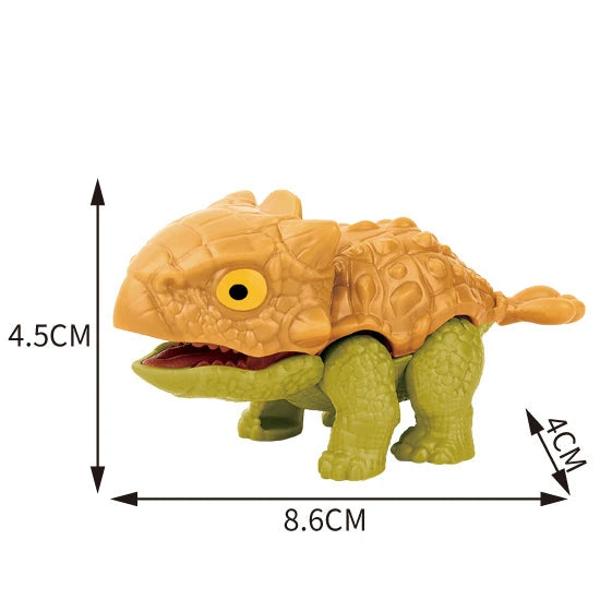 A yellow finger dinosaur fidget toy with movable joints, resembling a small tyrannosaurus.
