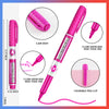 A pink multi-color dry erase marker pen with a chisel tip and air vent, shown with various features.