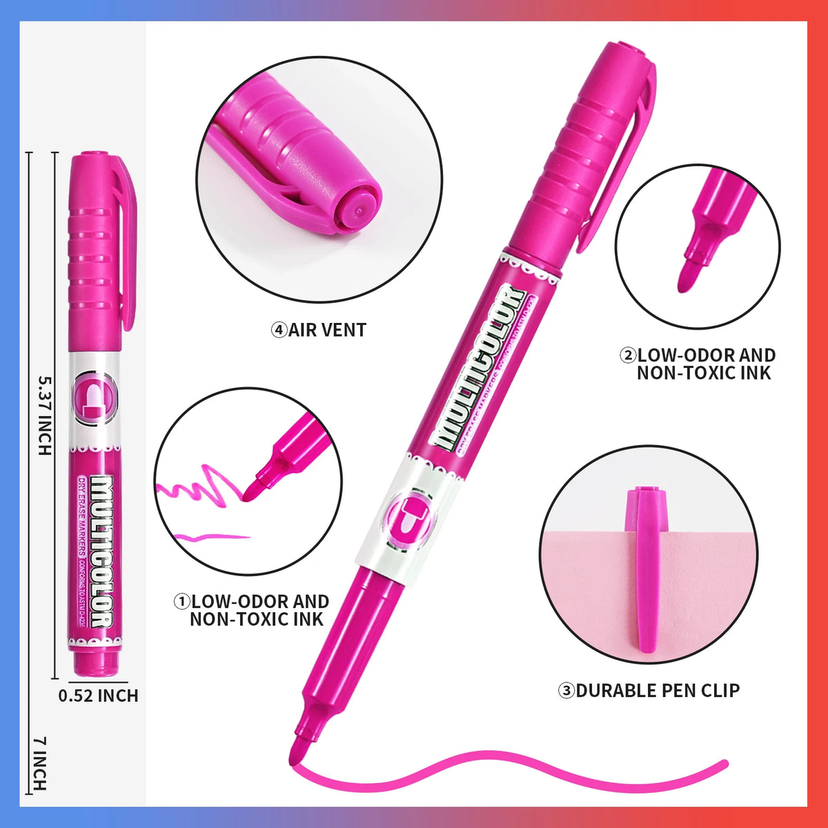 A pink multi-color dry erase marker pen with a chisel tip and air vent, shown with various features.