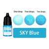 A set of Sky Blue liquid candle wax pigment drops showing one, five, and ten drops of the blue color.