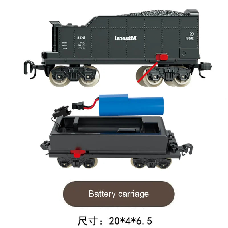 A black vintage steam train set with a battery carriage and track components.