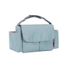 A light blue fabric bottle and cup holder with a strap, designed for strollers.