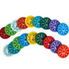 A collection of colorful math fidget spinners showing multiplication facts for kids.