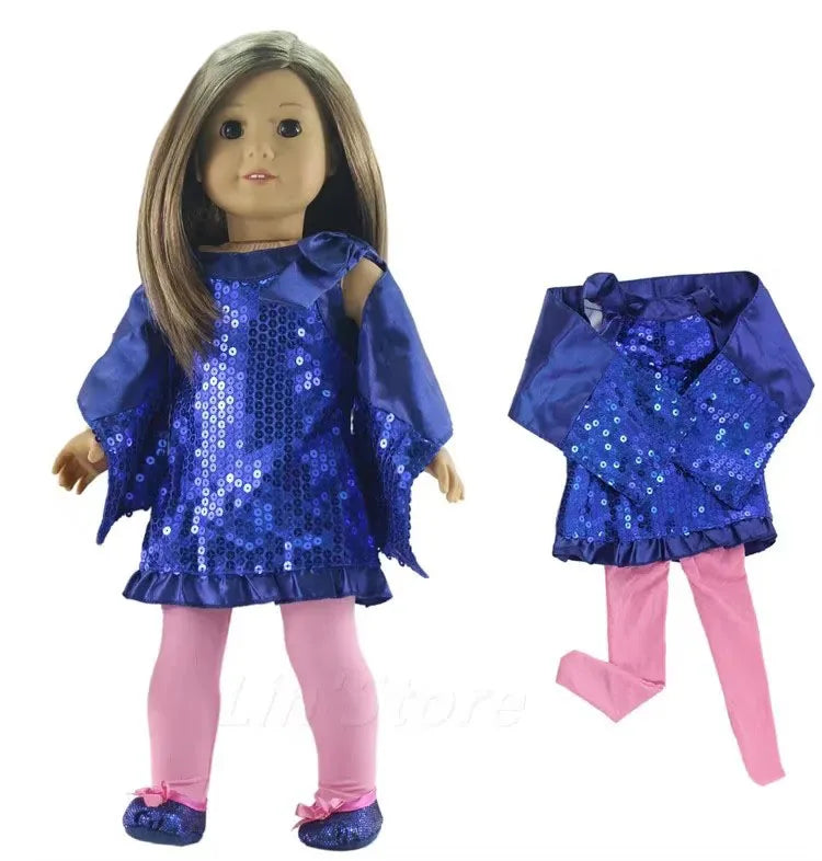 A doll wearing a royal blue sparkly top and pink pants.