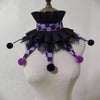 Handmade colorful clown ruff collar with black and purple checkered fabric and pom-pom accents