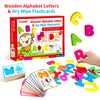 A box of wooden alphabet letters and dry wipe flashcards showing letters A, B, and C, along with loose letters.