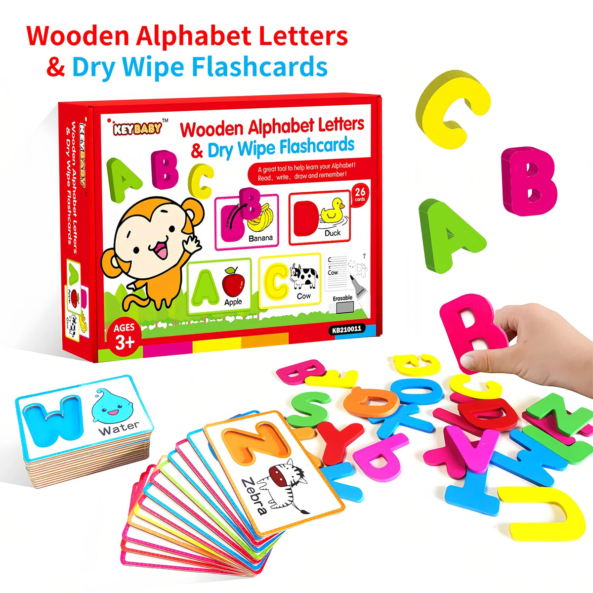 A box of wooden alphabet letters and dry wipe flashcards showing letters A, B, and C, along with loose letters.