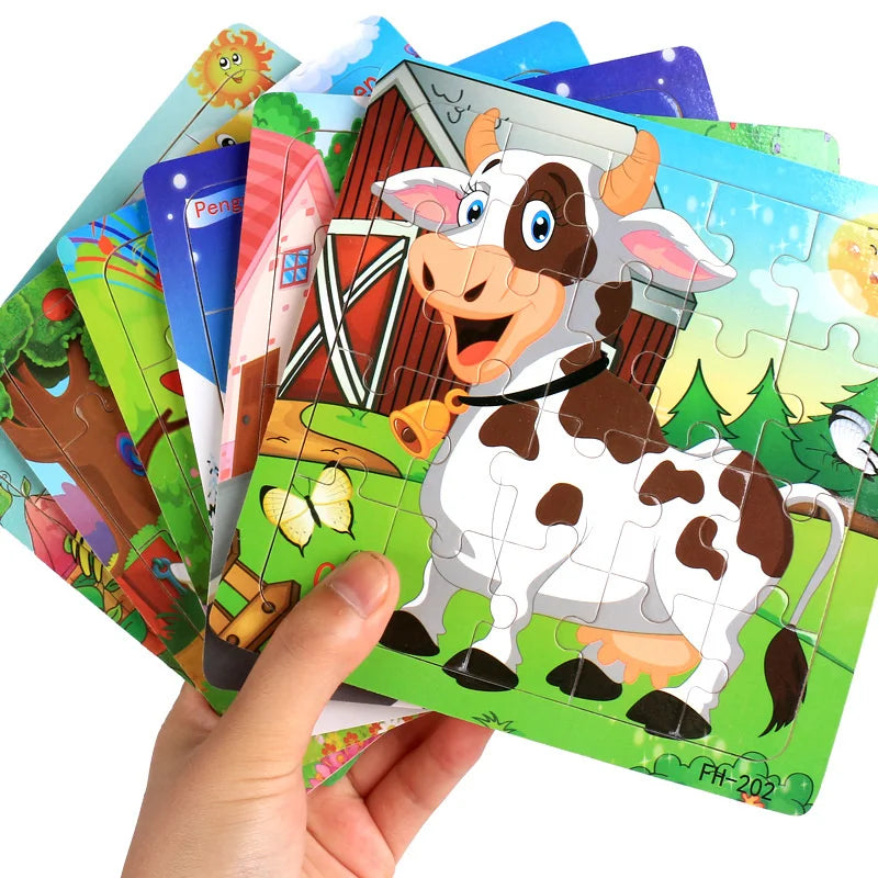 A colorful wooden jigsaw puzzle featuring a cow and a barn scene for toddlers.