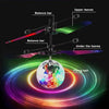 A gesture-controlled levitating crystal ball with balance bars and LED light show, surrounded by colorful rings.